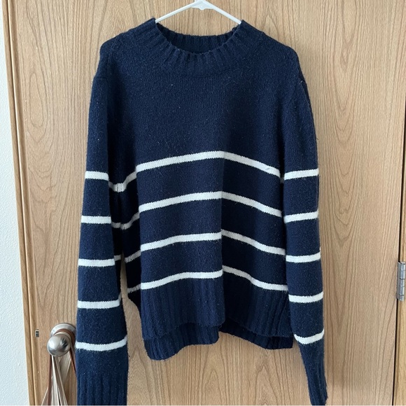 dip Sweaters - Dip Blue and White Striped Mock Neck Crop Cozy Sweater